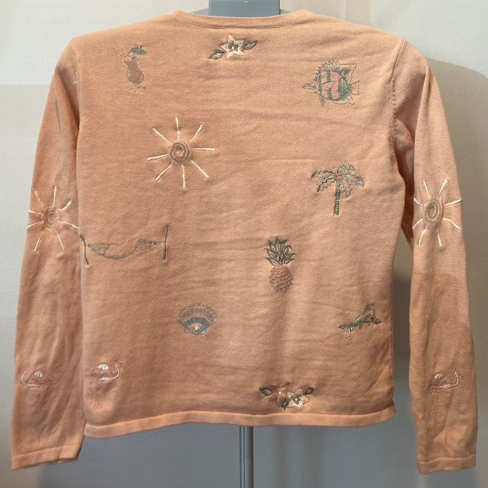 90s Robert Scott Peach Tropical Embroidered V-Neck Cardigan Sweater Beach Summer - Picture 2 of 11